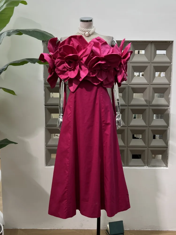 DFDG 2025 فستان سهرة نسائي أنيق مصنوع يدويًا ثلاثي الأبعاد مزين بالزهور بدون حمالات من التل للحفلات الراقصة للربيع والصيف #2