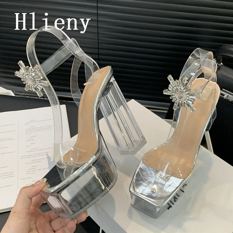 Hlieny Silver Open Toe Buckle Strap Sandals Fashion Crystal Transparen PVC Women's Summer Platform High Heels Nightclub Shoes