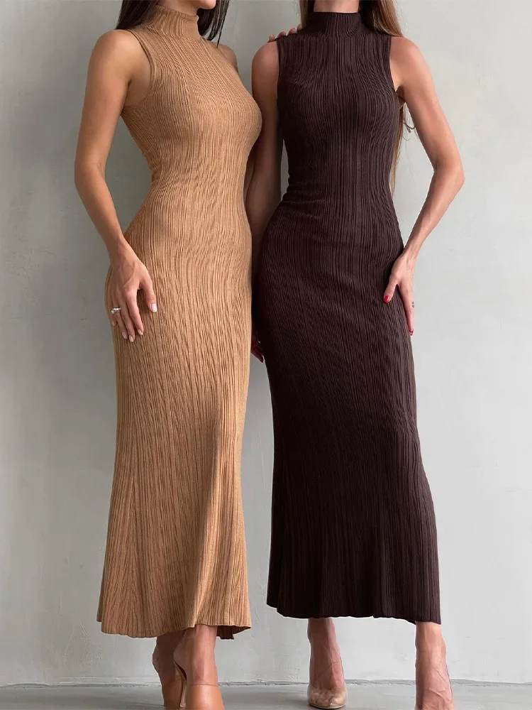 2023 frühling Ärmellose Strickwaren Rollkragen Langes Kleid Weibliche Dünne Elegante Mode Herbst Rippen Stricken Kleid Für Frauen Maxi Kleid