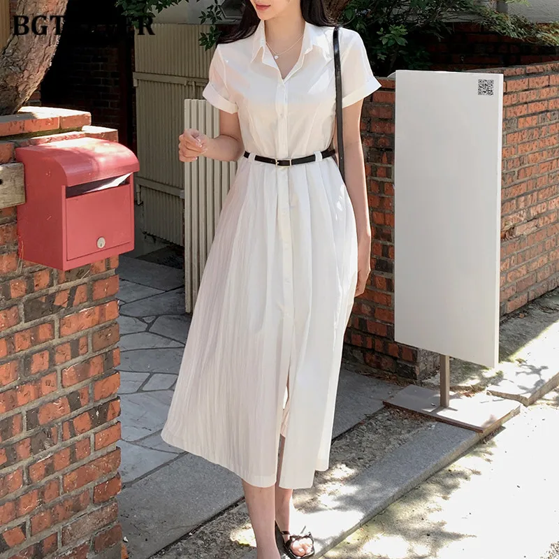 BGTEEVER Abito camicia da donna a maniche corte vintage a vita sottile Abito estivo a trapezio femminile monopetto con cintura