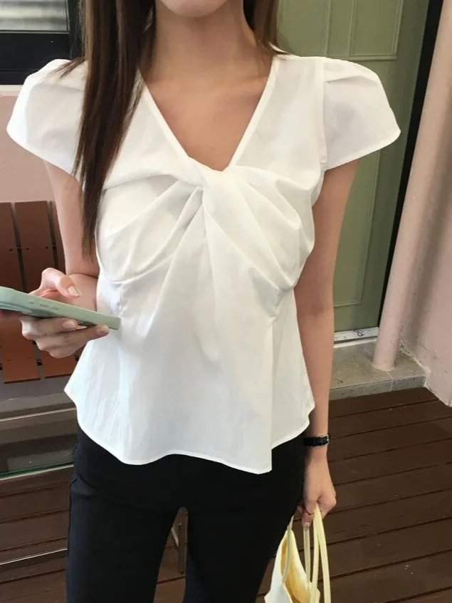 White Shirt Women's Chic Summer New Style V-neck Knot Versatile Short Sleeve Top French Style Breathable Polyester Fiber