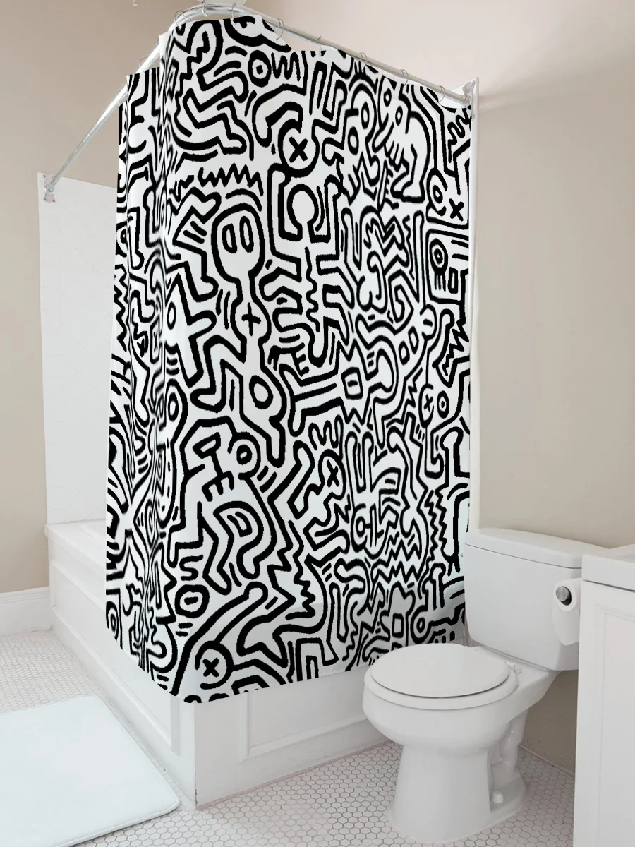 Elegant Black White Graffiti Waterproof Mildewproof Bathroom Curtain Decor Suitable for Wet and Dry Separation Elevate Space