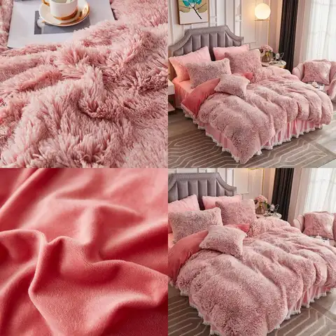 Kingsize roze Ombre kristalfluweel 3-delige shaggy beddengoedset van imitatiebont met dekbed en kussenhoezen