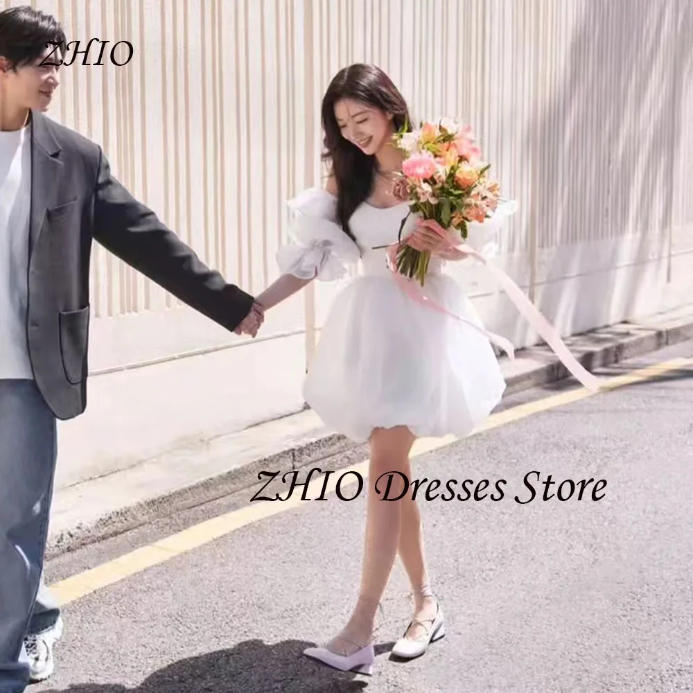 

ZHIO Ruffles Mini Wedding Party Dress A-Line Sweetheart Puff Sleeves Beach Bridal Gown Korea Photo Shoot Customized Elegant