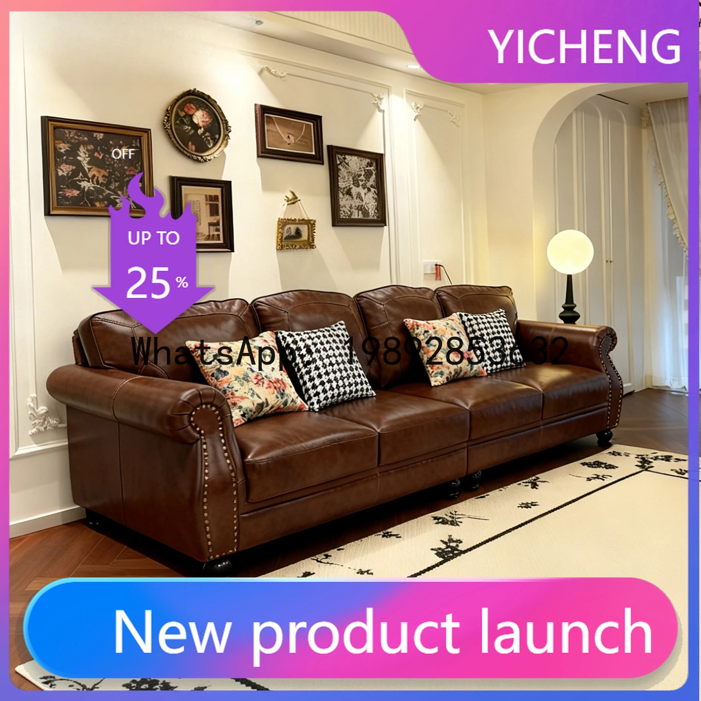 

HYS leather sofa first layer cowhide retro living room sofa large apartment living room furniture
