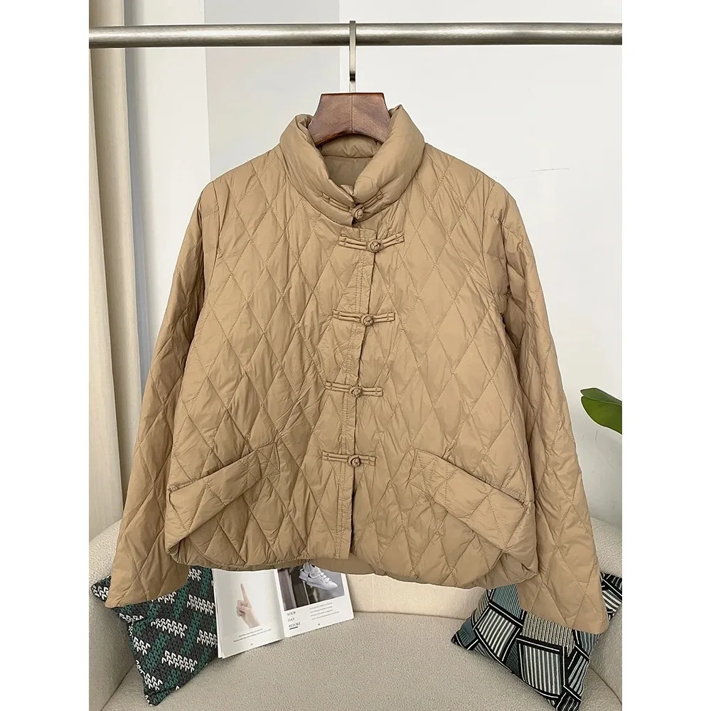 Chinese Style Buckle Fashion 2024 Autumn Winter Thickened Down Jacket Women Casual Loose Warm Jacket 50% White Duck Down