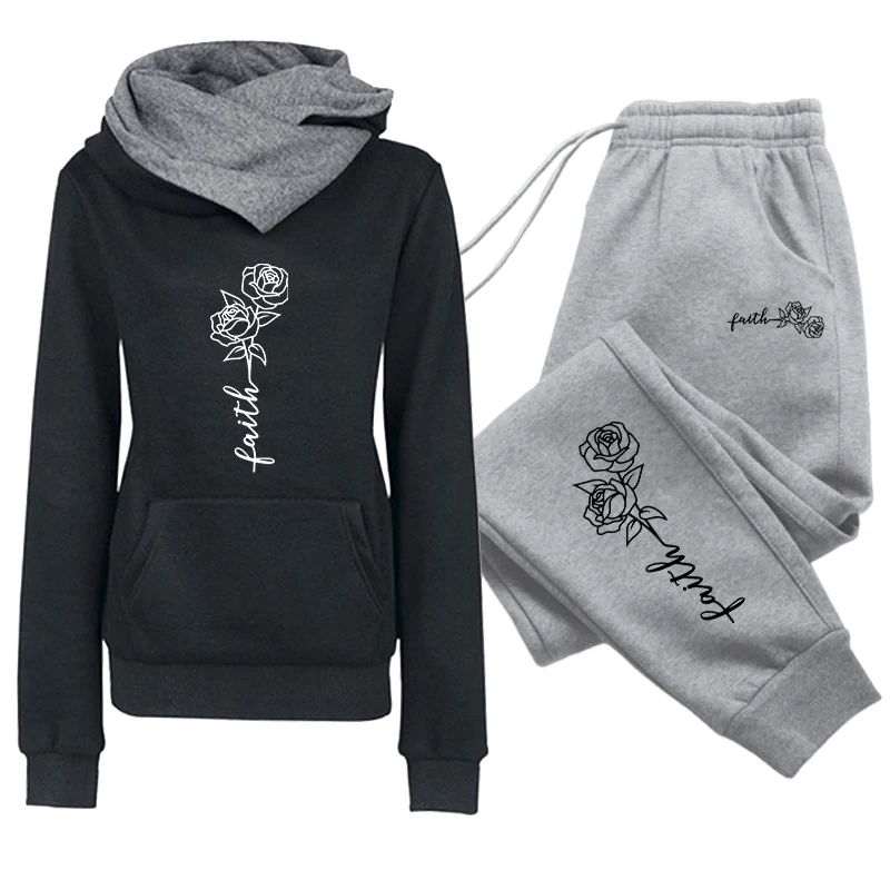 2026 Faith Print Trainingsanzug Kapuzenpullover Jogginghose Herbst Winter Damen Alltags-Freizeit-Sportoutfit Damen-Set/Hoodie/Hose – Detail 1