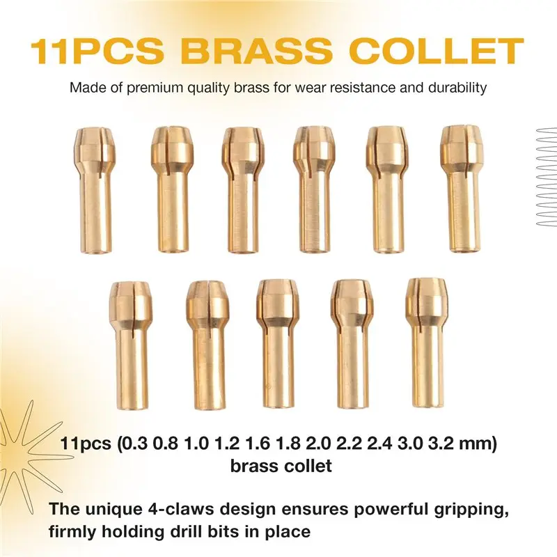 M12K-16Pcs Drill Chuck Collet Set, 1/32 To 1/8Inch Drill Chuck Collet Set With 11Pcs Brass Collet, 3Pcs Chuck, 2Pcs Wrench