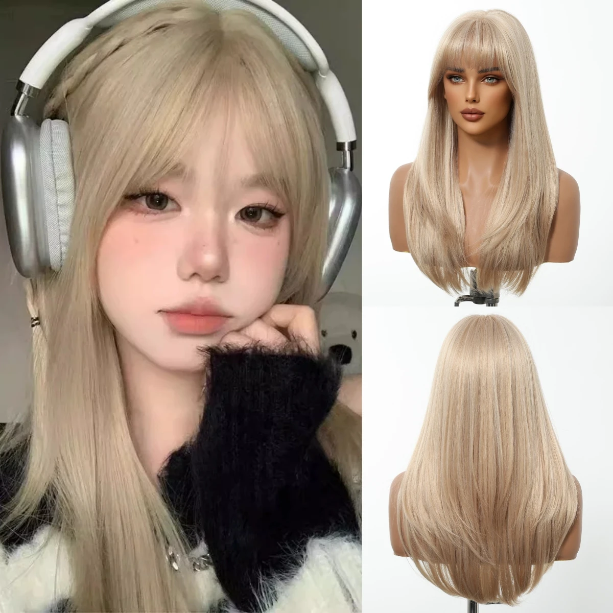 

Long Straight Layered Wigs With Bangs Platinum Blonde Synthetic Wigs For Women Daily Cosplay High Temperature Natural Looking