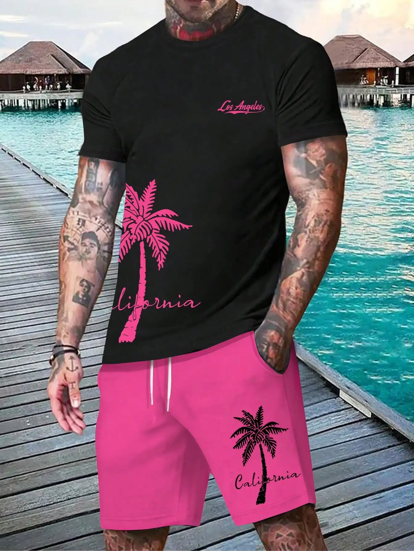 Fashion Outdoor Beach Men\'s Fashion Summer Casual Print Beach Style Short Sleeve and Shorts Suit