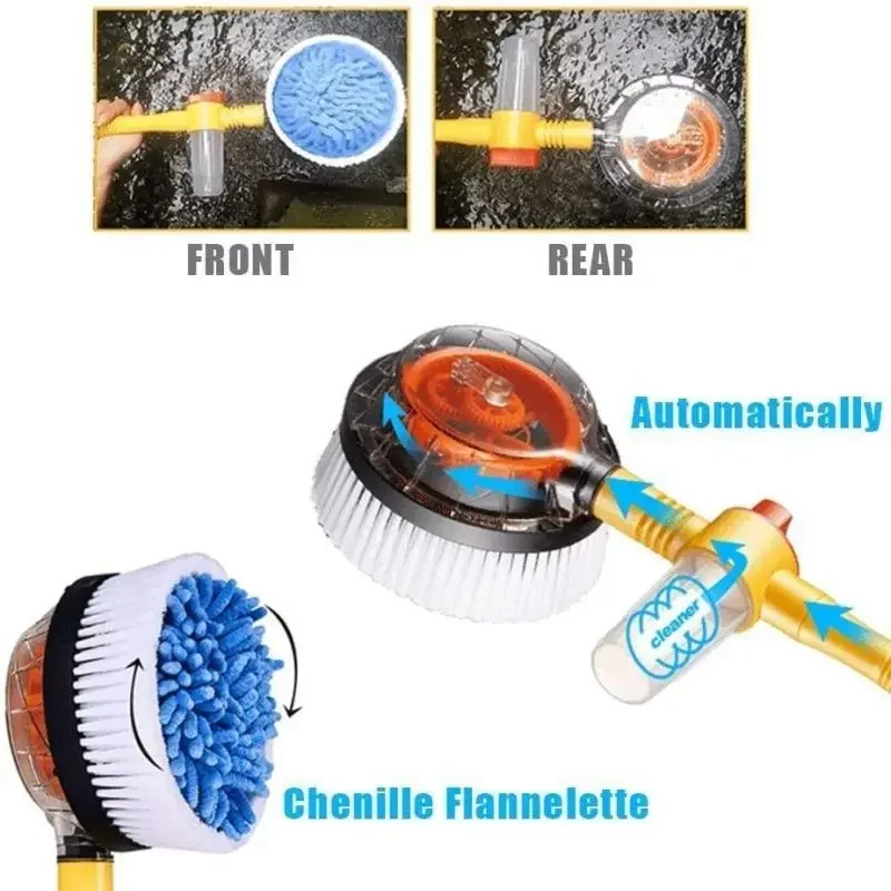 Automatic Rotating Car Wash Brush Auto Swivel Adjustable Car Cleaning Mop Universal Long Rod Water Driven Rotary Blister Brush