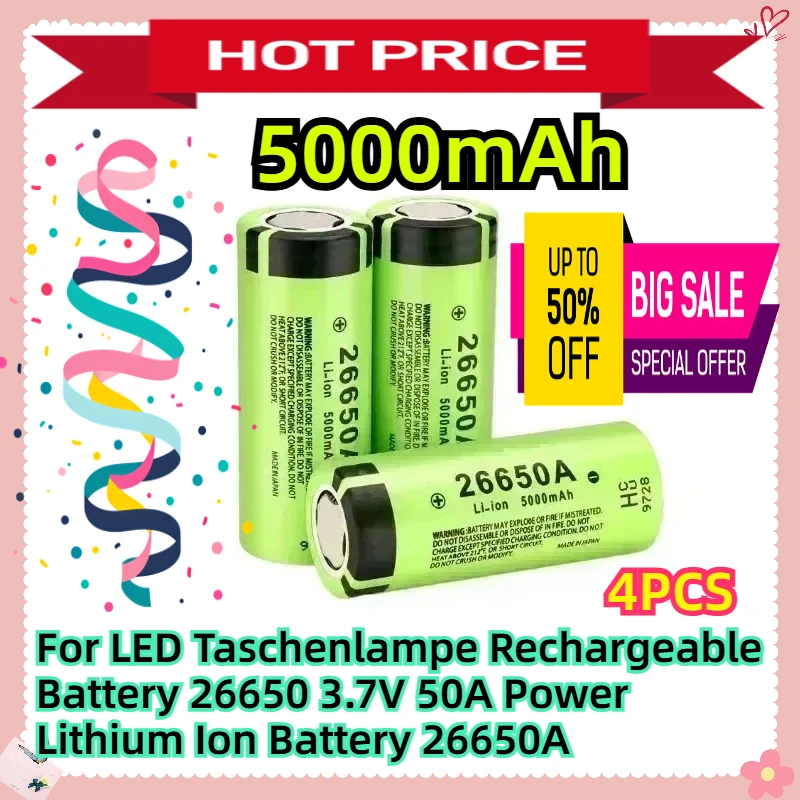 For LED Taschenlampe Rechargeable Battery 26650 3.7V 5000mAh 50A Power Lithium Ion Battery 26650A