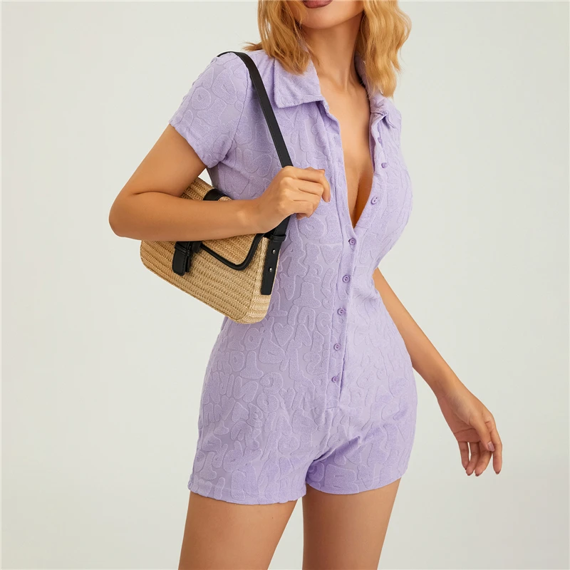 Letter Print Casual Playsuit Button Up Short Sleeve Skinny Rompers Women Overalls Workout Jumpsuit Female Summer Outfits