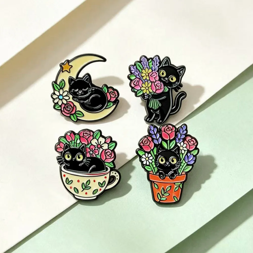 Cross-border Creative Plant Black Cat Flower Series Brooch, Cute Animal Badge Cartoon Gift Accessories - view 2