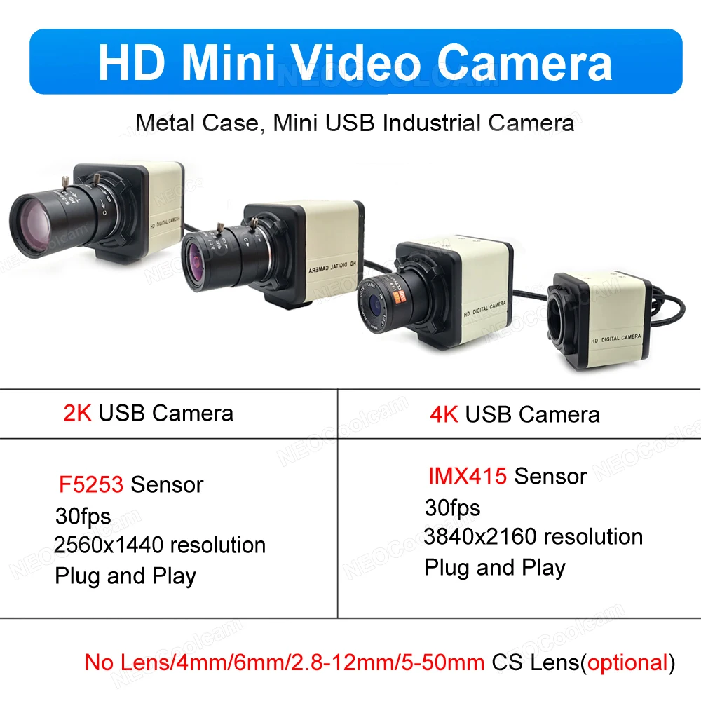 Industrial 4K 8MP CCD IMX415 USB Webcam 2K F5253 With 2.8-12mm Varifocal Lens USB2.0 PC Video Camera UVC OTG For Live Teaching