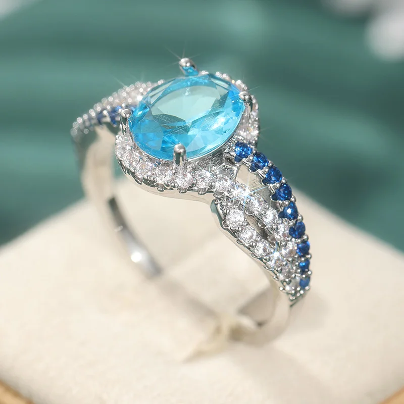 Eleganter Eingelegter Weißer Meeresblauer CZ Damenring Exquisiter Silberfarbener Geometrischer Ring für Tägliches Tragen Party-Schmuck Jubiläumsgeschenk – Detail 2