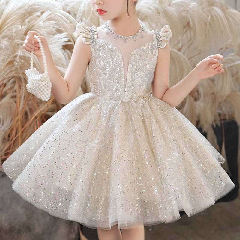 Customized Luxury High End Diamond O-neck Pleated Fly Sleeve Princesses Gown Fairy Sequin Flower Appliques Vestidos Mesh Cascadi