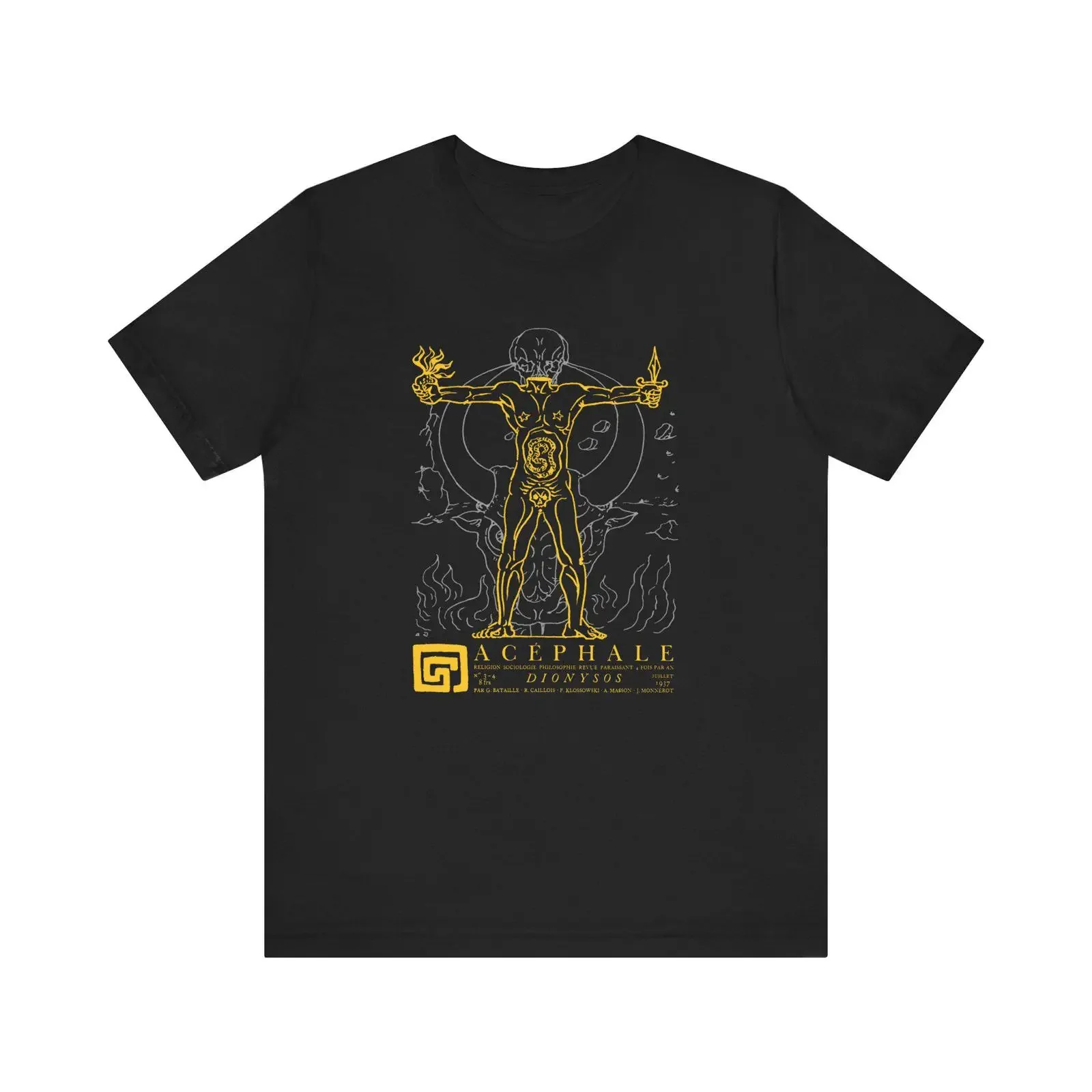 Camiseta Acephale Dionysos Gold Headless Man, inspirada en la mitología de Georges Bataille, estilo casual vintage, lavada, elástica, elegante para hombre.