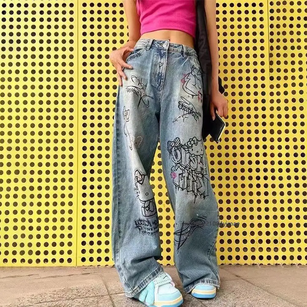 الشارع الشهير مرحبا كيتي بنطال ذو قصة أرجل واسعة Y2K سانريو الجينز النساء خمر الأزرق عادية فضفاض مستقيم بنطلون الكرتون سراويل أنيقة