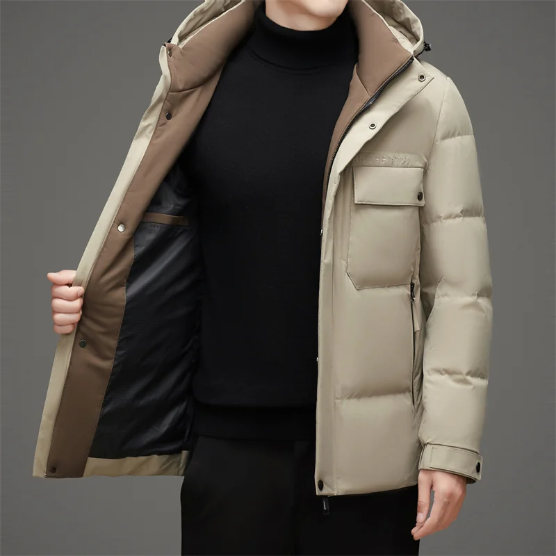 Winter Men Hooded Puffer Parkas Black Beige Khaki White Duck Down Basic Coat Hood Detachable Design Outerwear Thermal Jackets