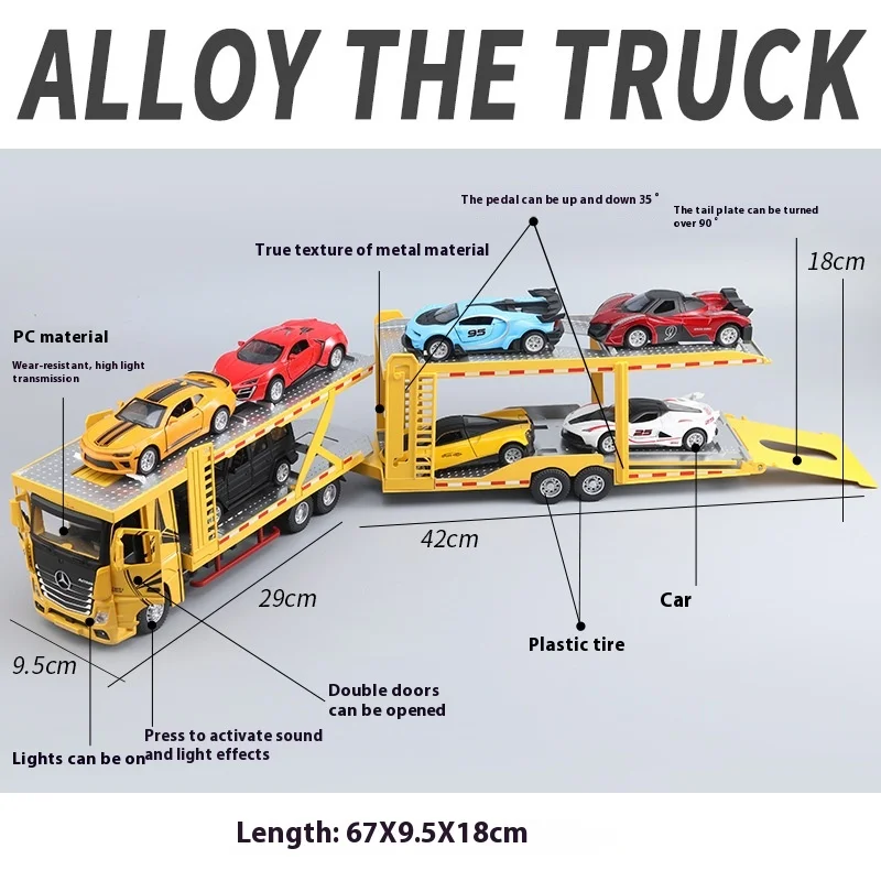 1:24 Mercedes Benz Double Decker Flatbed Transport Truck Alloy Diecast Car Model Sound And Light Science Education Series Toys