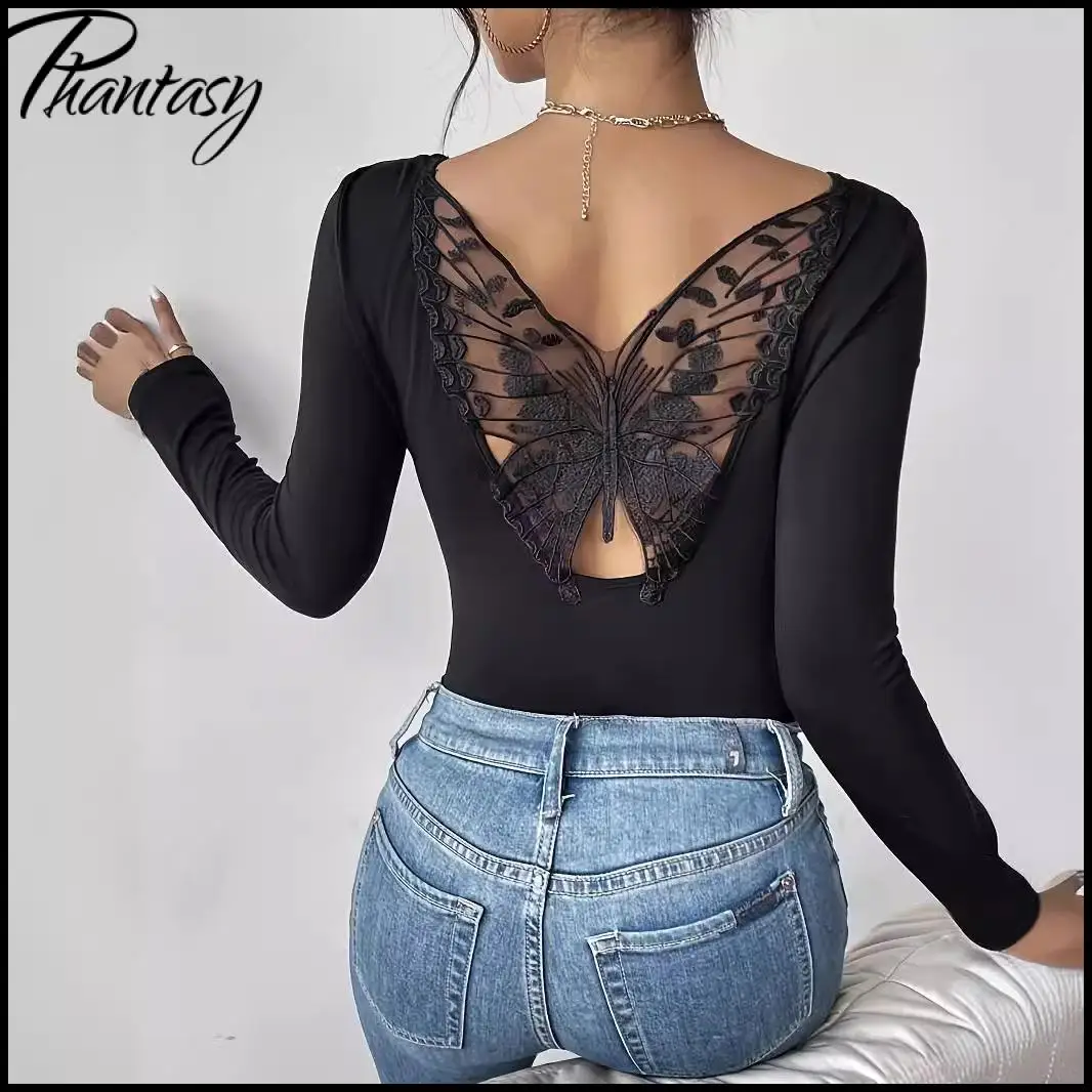 

Elegant Commuter Long-Sleeve Black Top Lace-Up Butterfly Back Solid T-Shirt Slimming Top for Women Spring Summer Ladies Outfit