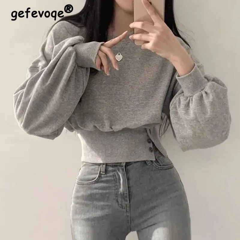 New Spring Autumn Women Korean Style Simple Casual Streetwear Sweatshirts Y2K Female O Neck Long Sleeve Chic Pullover Short Tops