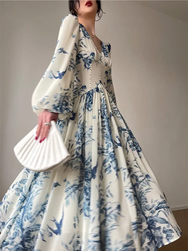 Runway Luxury Beading High Waist Party Dresses Brand Women Vintage Elegant Lantern Sleeve Chic Blue White Porcelain Print Dress