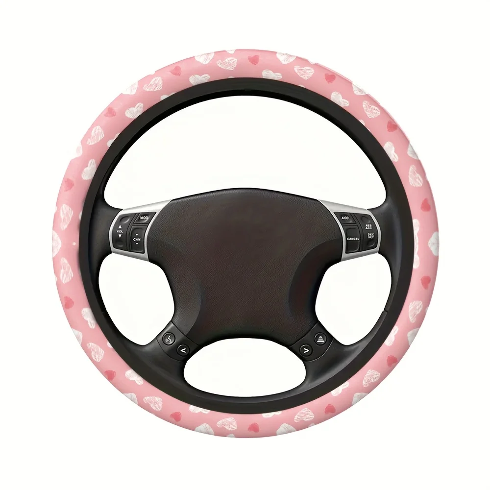 1pc Pink White Red Heart Steering Wheel Cover Fit for, Non-Slip Grip, Pink White Dashboard Wheel with Black Hands-Free Look