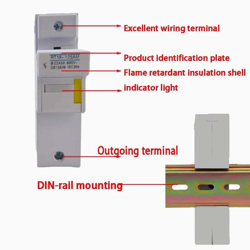 RT18-125AM 1P RT18-125A RT18-125 fuse base 1P rail type fuse core 22 * 58 RT18 RT14 690V @22X58  GB13539 1EC269