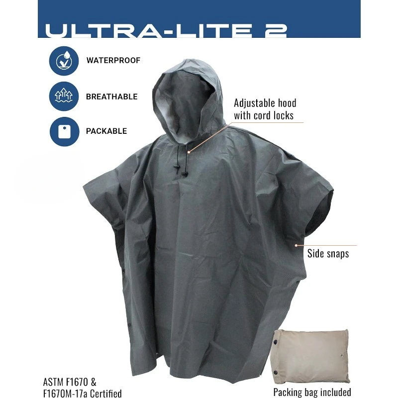 Ultra-lite2 Waterproof, Breathable Rain Poncho, Adult and Youth Sizes