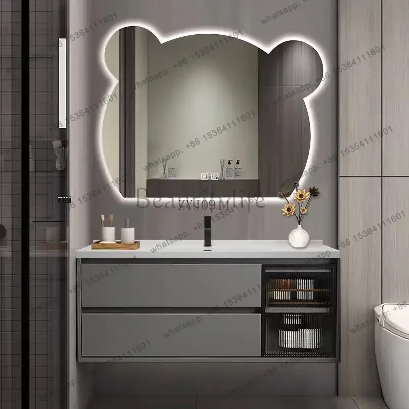 Bear mirror bathroom cabinet ceramic integrated wash basin cabinet combined bathroom sink