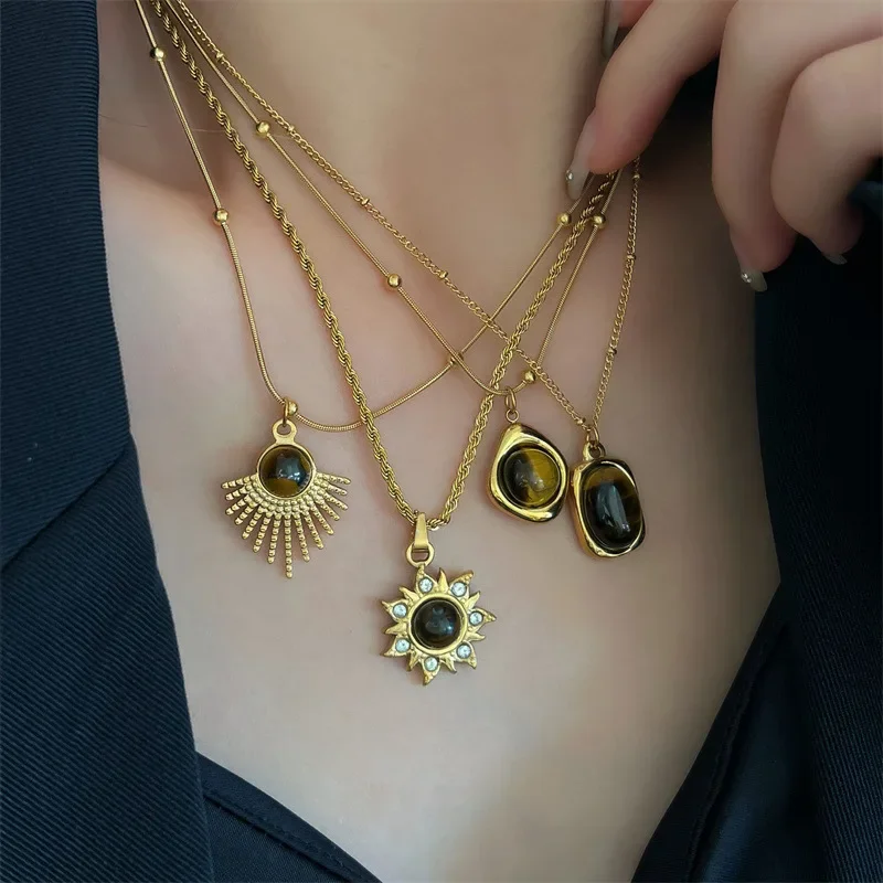HangZhi Brązowy wzór Naszyjnik z kamienia naturalnego Moda Biżuteria ze stali nierdzewnej Naszyjnik dla kobiet Mężczyźni Prezent — zdjęcie 5