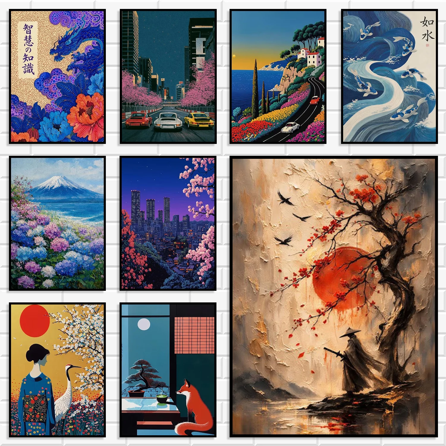 Vintage Japanese Style Wall Print Bundle Oriental Aesthetic Art Decor Poster for Asian Apartment Tea House Housewarming Gift