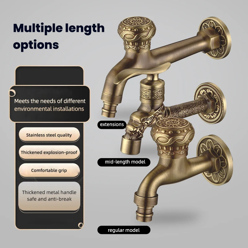 Antique Carved Bibcock Brass Faucet Decorative Outdoor Garden Taps for Washing Machine Luxury Toilet Mop Faucet WB8503