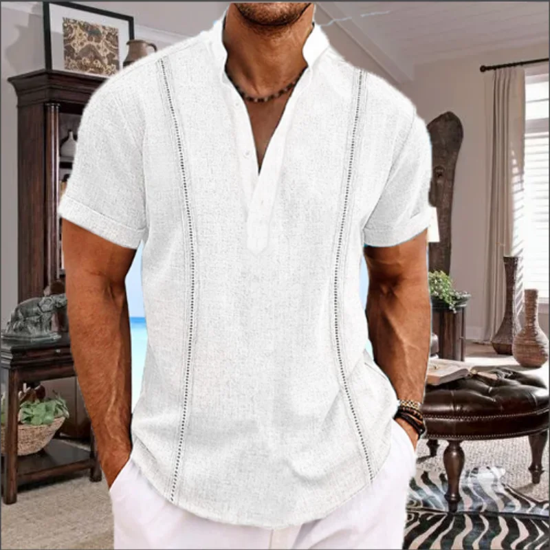 Men\'s Summer Lapel Casual Short Sleeve Henry Collar Solid Guayabella High Quality Fashion Cotton Linen Pullover Shirt Top