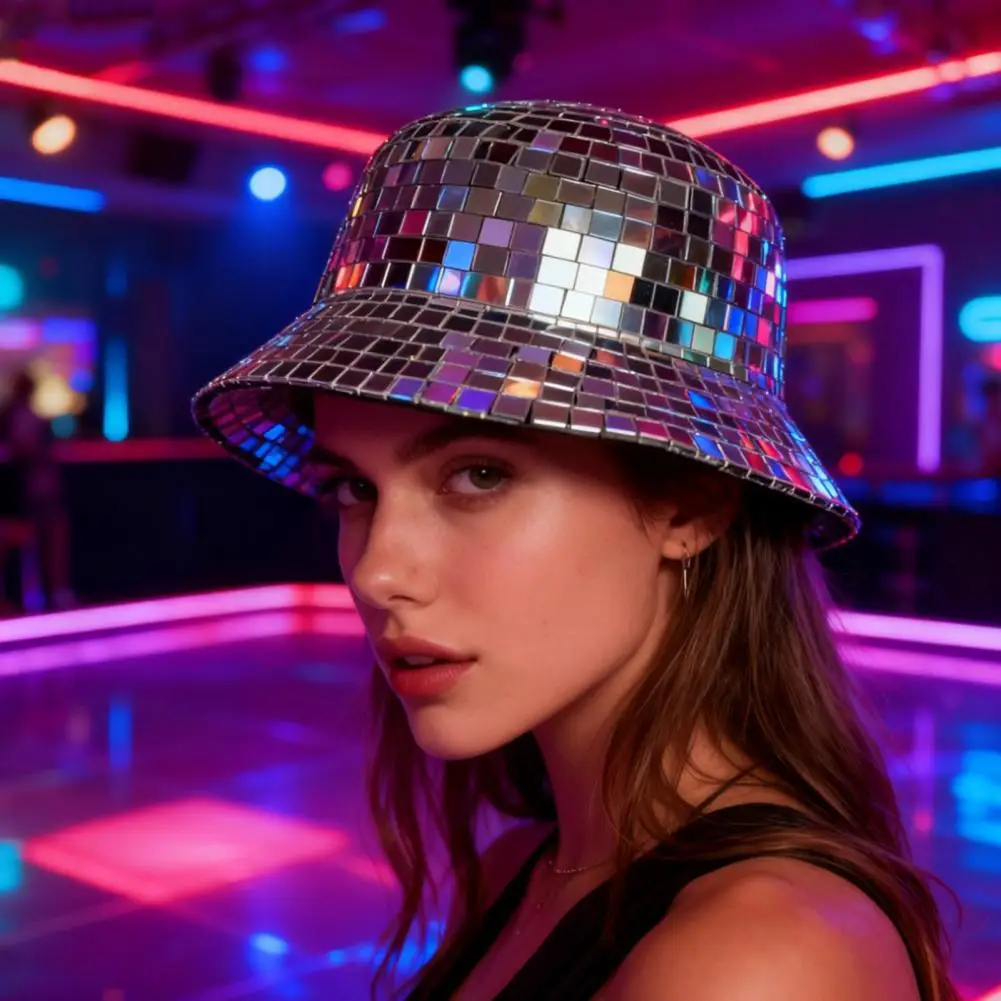 Sparkling Reflective Mirror Bucket Hat Disco Style Fisherman Hat Festivals Birthdays Night Club Party Cap Fashion Accessory