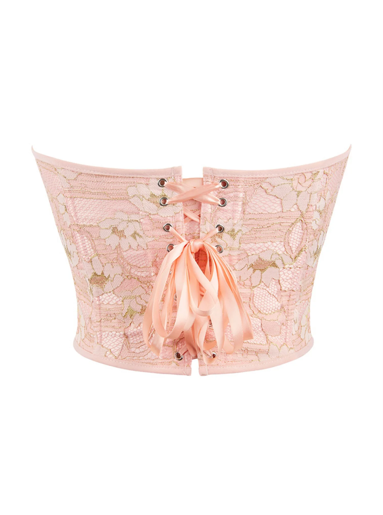 Women Pink Gold Floral Strapless Corset Top Sweetheart Neck Lace Up Back Tummy Control Slim Hourglass Figure Shaper