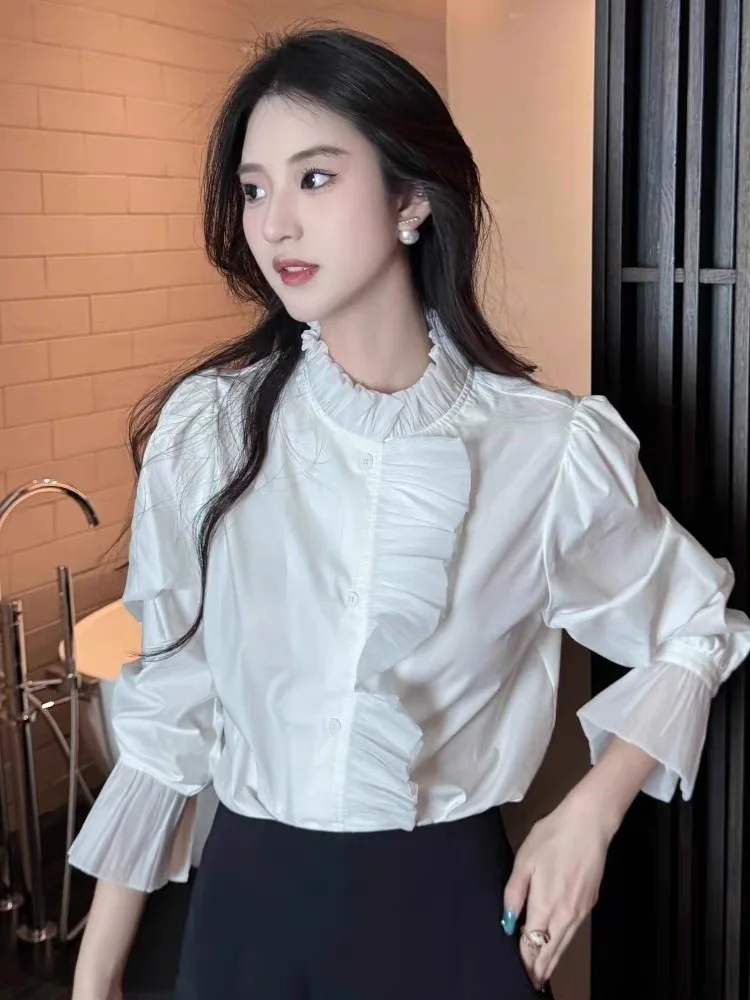 Herbst Weiß Stehkragen Pendler Hemd frauen Spitze Essbare Baum Pilz Bluse High-end-Top Damen Winter innere Shirts Neue