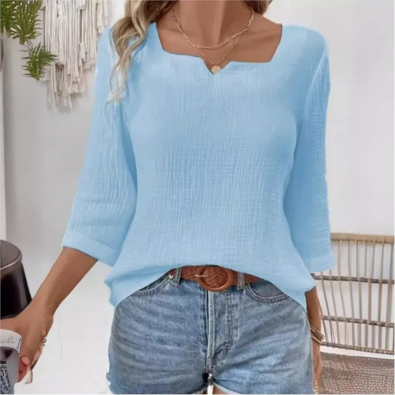 Autumn Casual Versatile Solid Color V-neck Pullover Women's Shirt Elegant And Generous 9-quarter Sleeved Top Chemisier Femmes