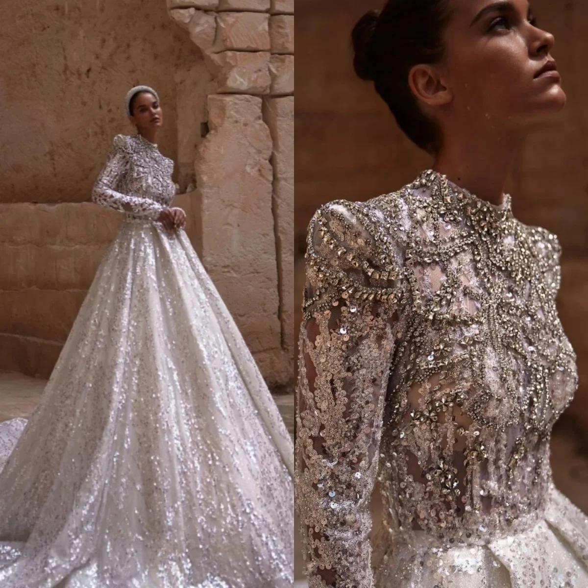 Gorgeous High Collar Long Sleeve Wedding Dress Sequined Rhinestones Bride Robe Exquisite Bridal Gown Customized Robe De Mariée