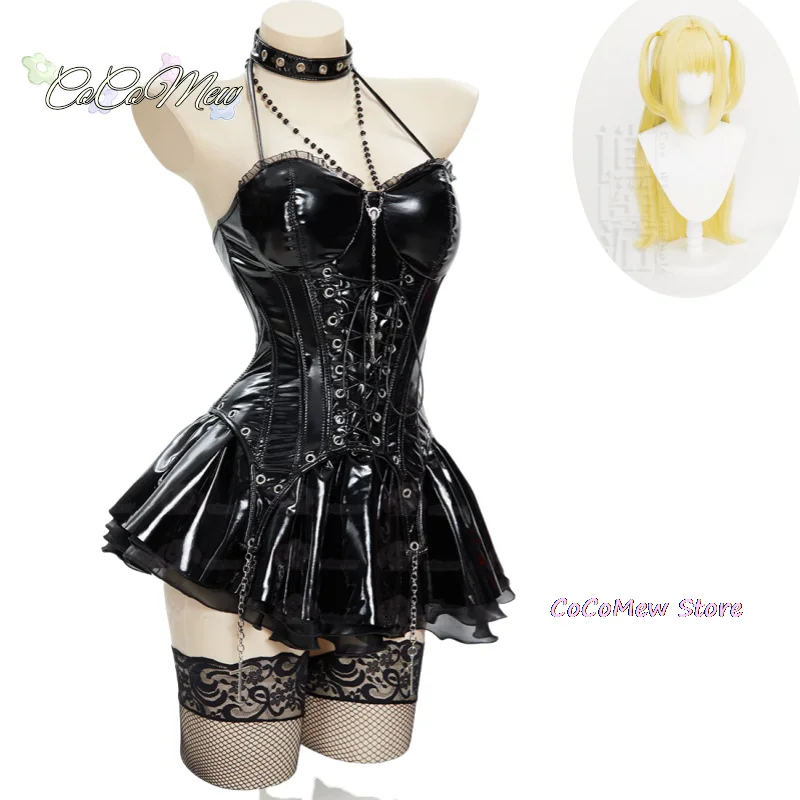 In Stock Miss Misa Halloween Gothic  Black Lace-up Corset Top and Skirt with Net Stockings and Sleeves Cosplay Costume and Wig