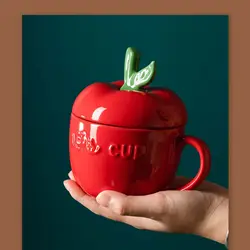 Ceramic Red Apple Cup with Lid Spoon Mugs High Appearance Level Milk Oatmeal Breakfast Cup Steamed Egg Bowl Lovely Fruit Mug