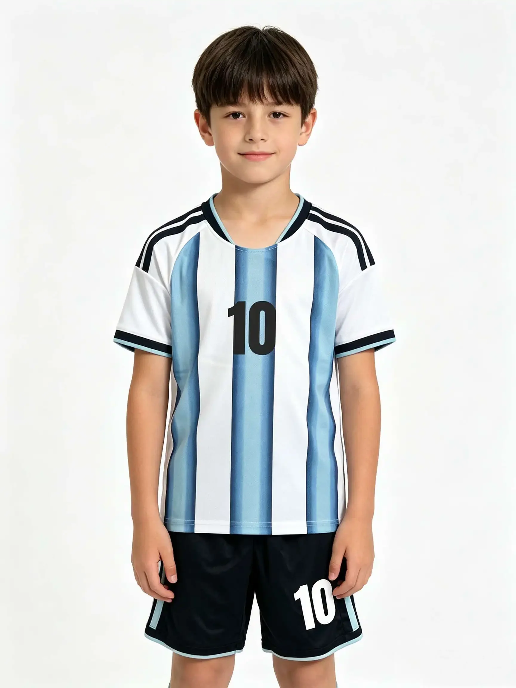 New 26/27 Unisex Blank Soccer 2‑Piece Set, Kids Adults Parent‑Child Kit, Custom No.1 7 8 9 10 White and blue striped jersey and