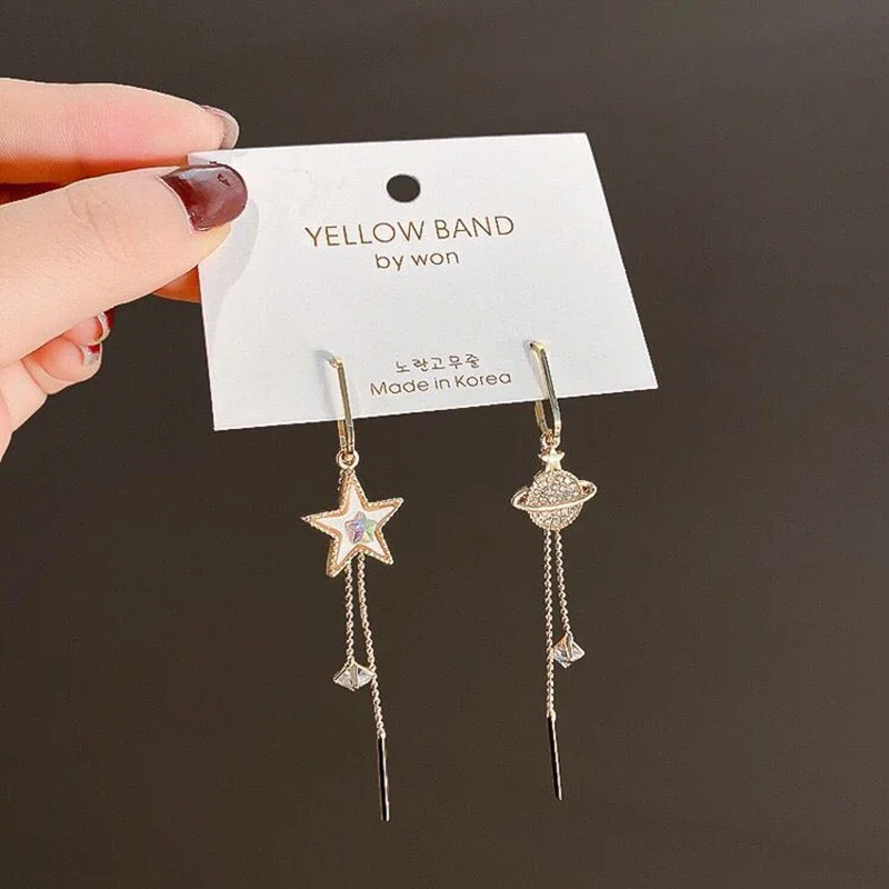 2024 New Trend Star Earth Long Tassel Dangle Earrings For Women Planet Crystal Statement Pendant Earrings Wedding Party Jewelry