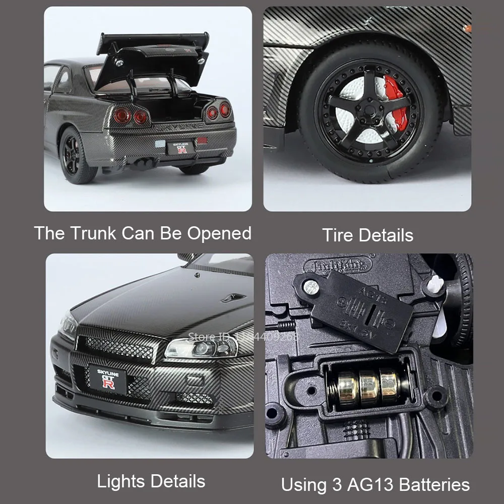 GTR R34 CSR2 Spielzeugautomodell im Maßstab 1:24, Türen zum Zurückziehen, Tonlicht, Miniatur-Fahrzeugmodelle, Lieblingsgeschenke für Kinder