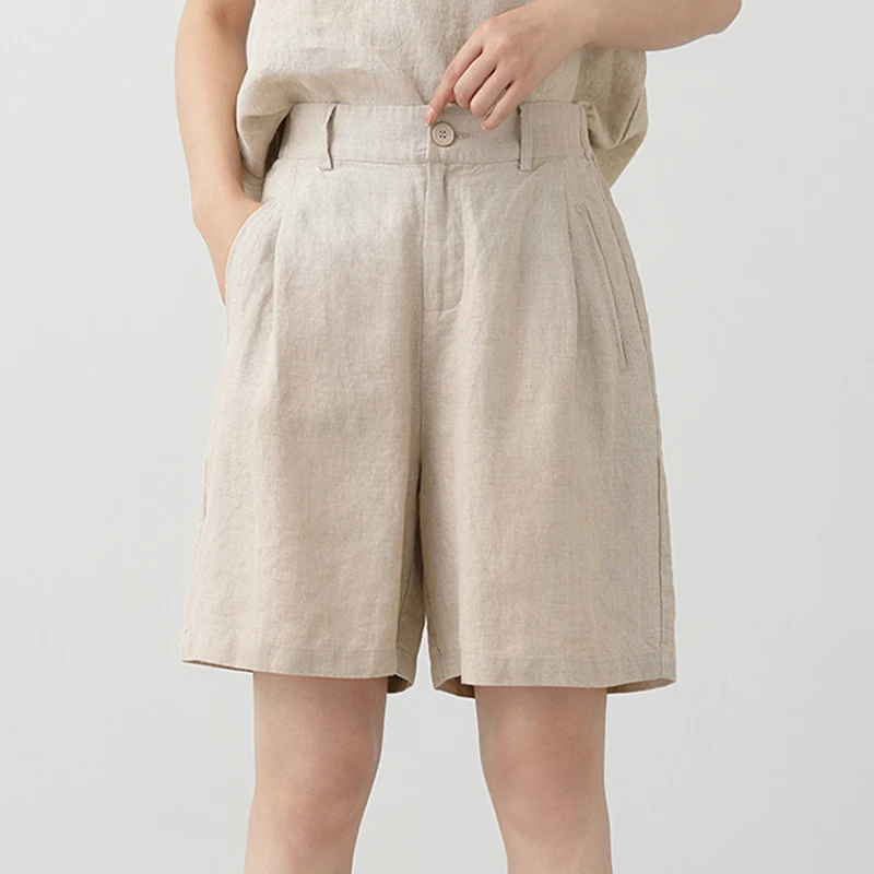100% Linen Women Casual Shorts New Arrival 2026 Summer Vintage Style Solid Color Loose Female Basics Short Pants M2768