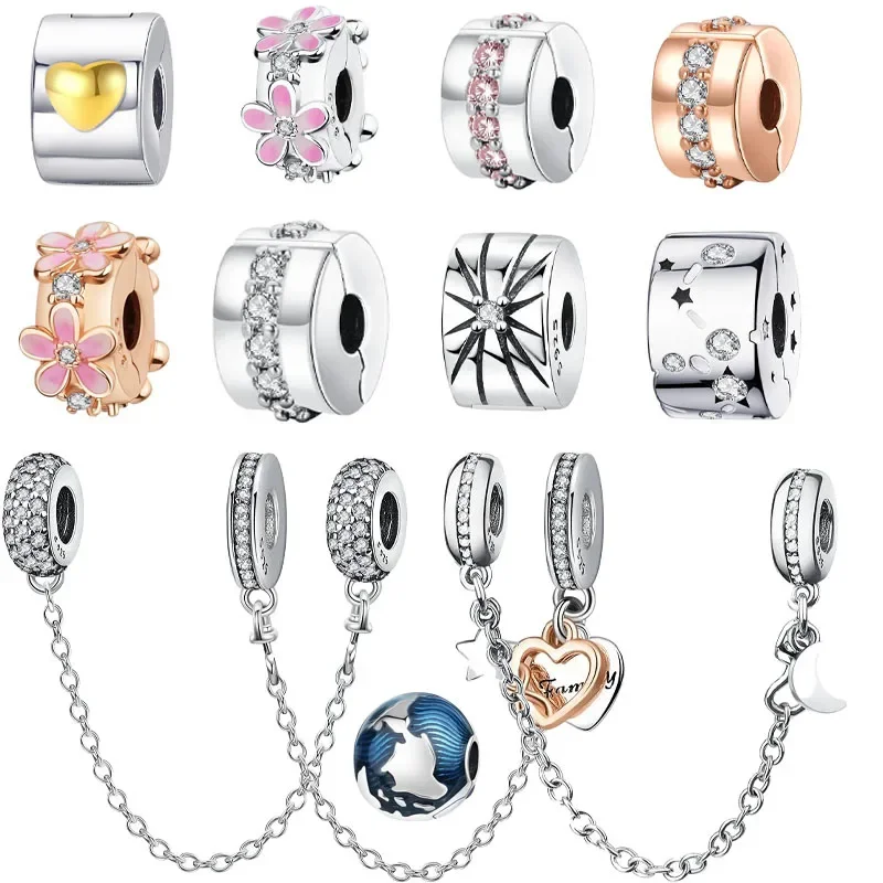 

Sparkling Family Safety Chain Stopper Buckle Clip Spacer Charms Silver 925 Fit Pandora Charms Bracelet Jewelry DIY Quality Gift