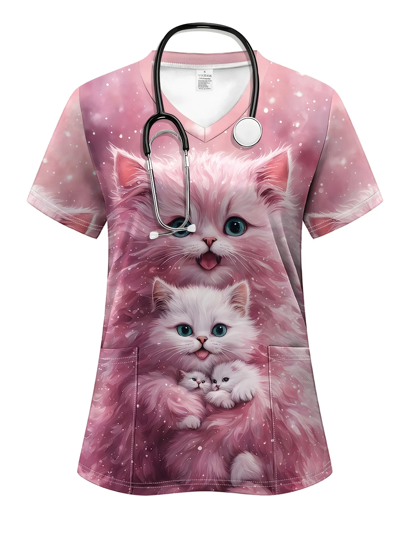 女性用医療ユニフォーム 3D花柄＆猫プリント Vネックスクラブトップ - ピンク半袖ナースユニフォーム ポケット付き手術着