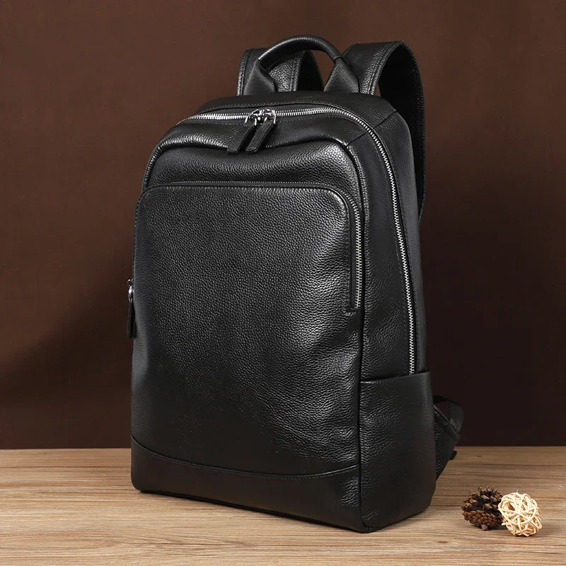 Mochila de couro genuíno para homens, pele de vaca natural, grande capacidade, bolsa de laptop para menino, 100% couro, 2023